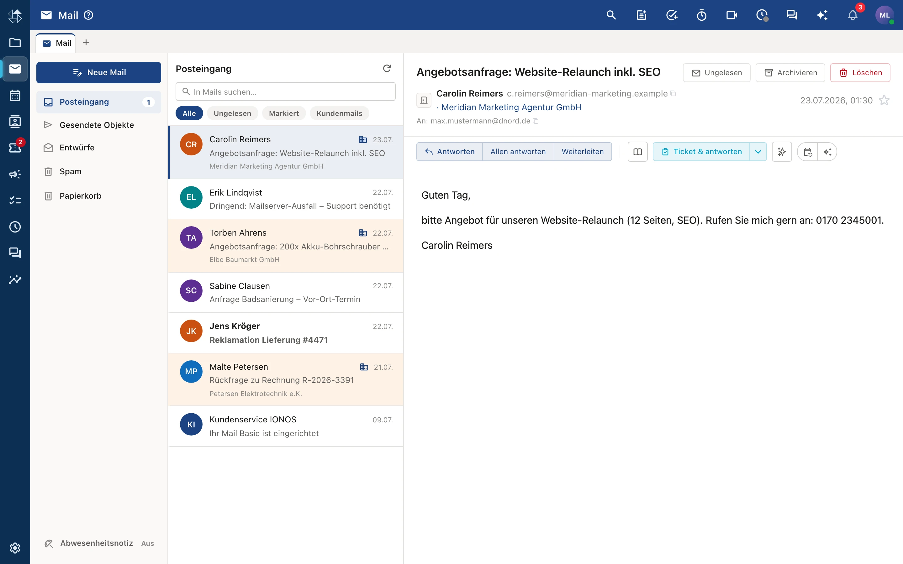 nordOFFICE Mail-Client mit Posteingang, Filtern und Kundenzuordnung
