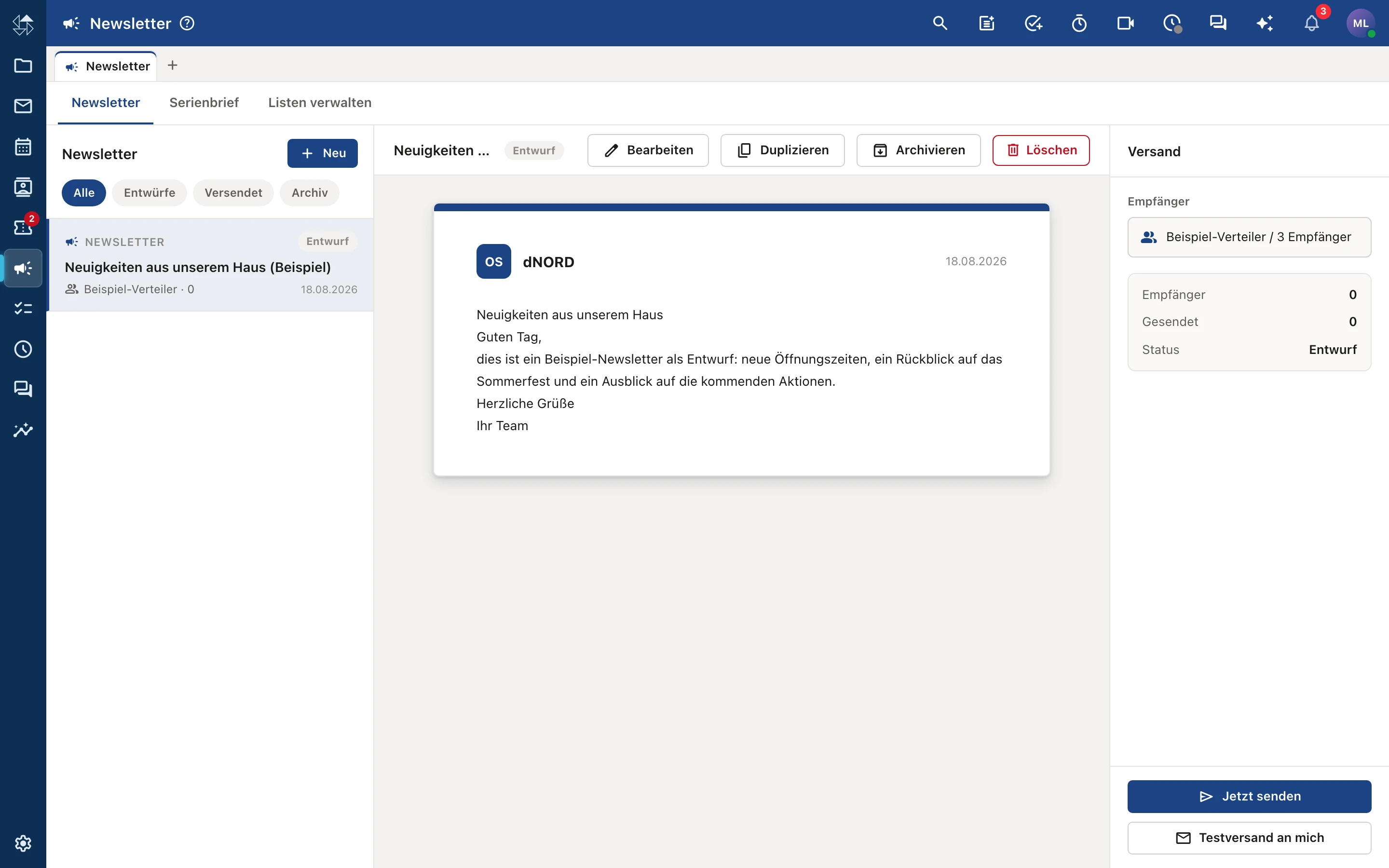 Newsletter-Baukasten mit Blöcken und Vorschau