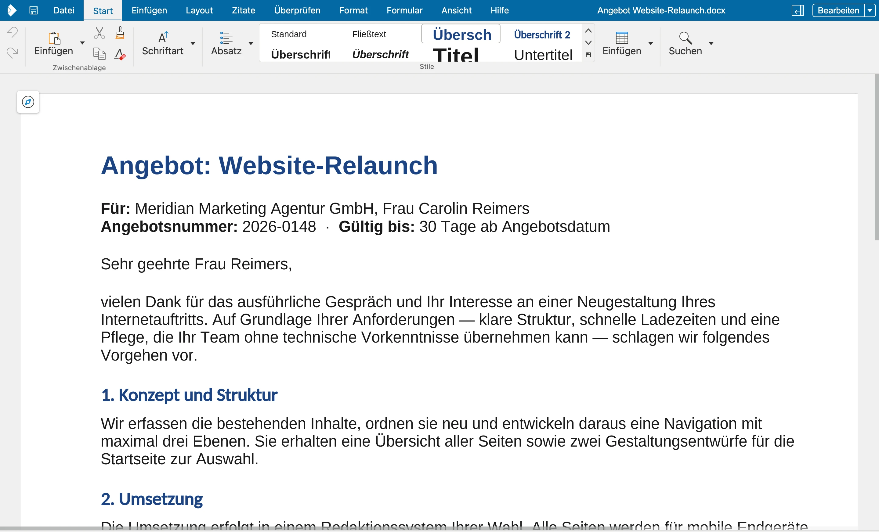 Word-Dokument geöffnet im Browser — Bearbeitung ohne lokale Office-Installation
