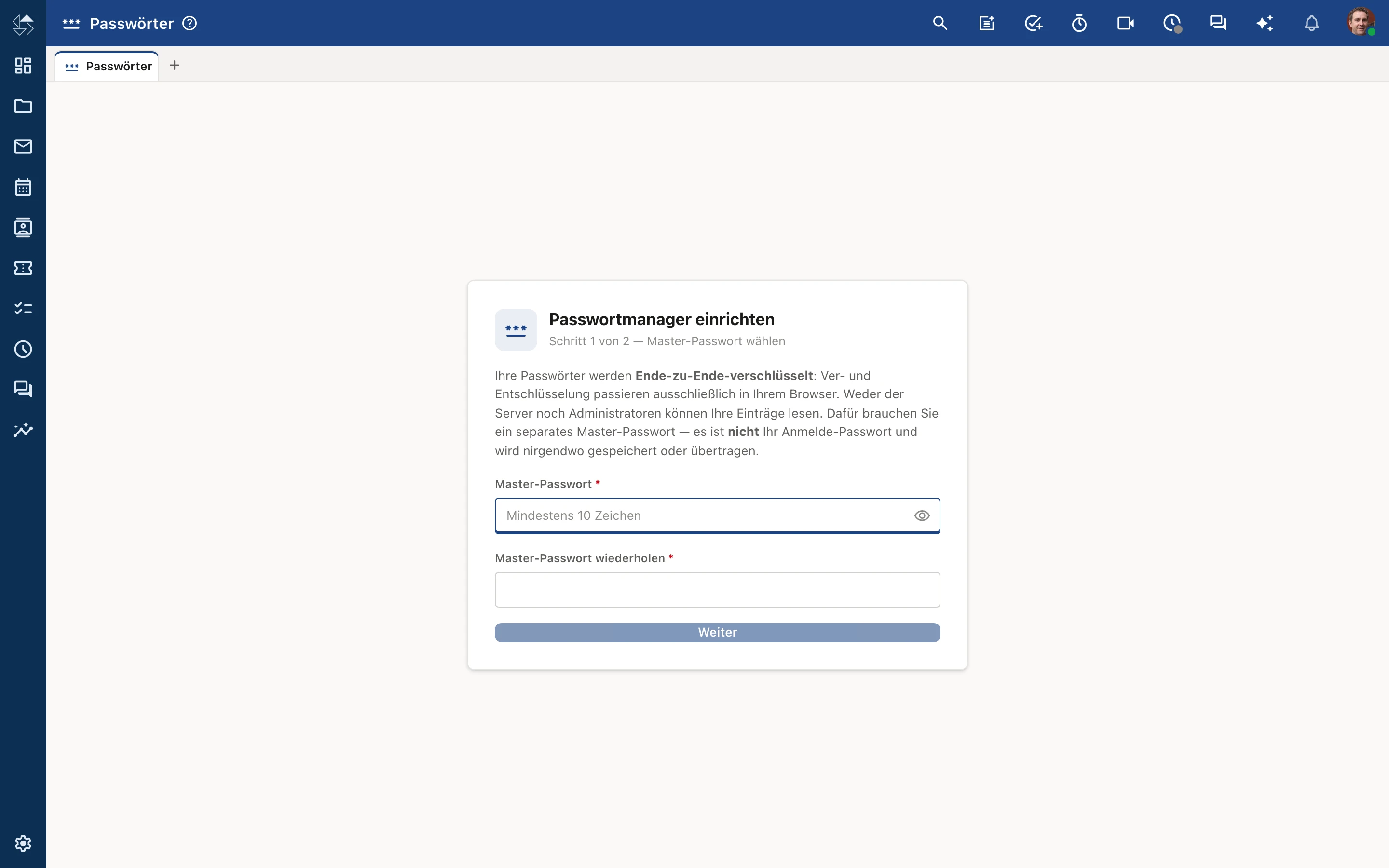 Einrichtung von nordPASS: Master-Passwort wählen, mit dem Hinweis, dass Ver- und Entschlüsselung nur im Browser stattfinden