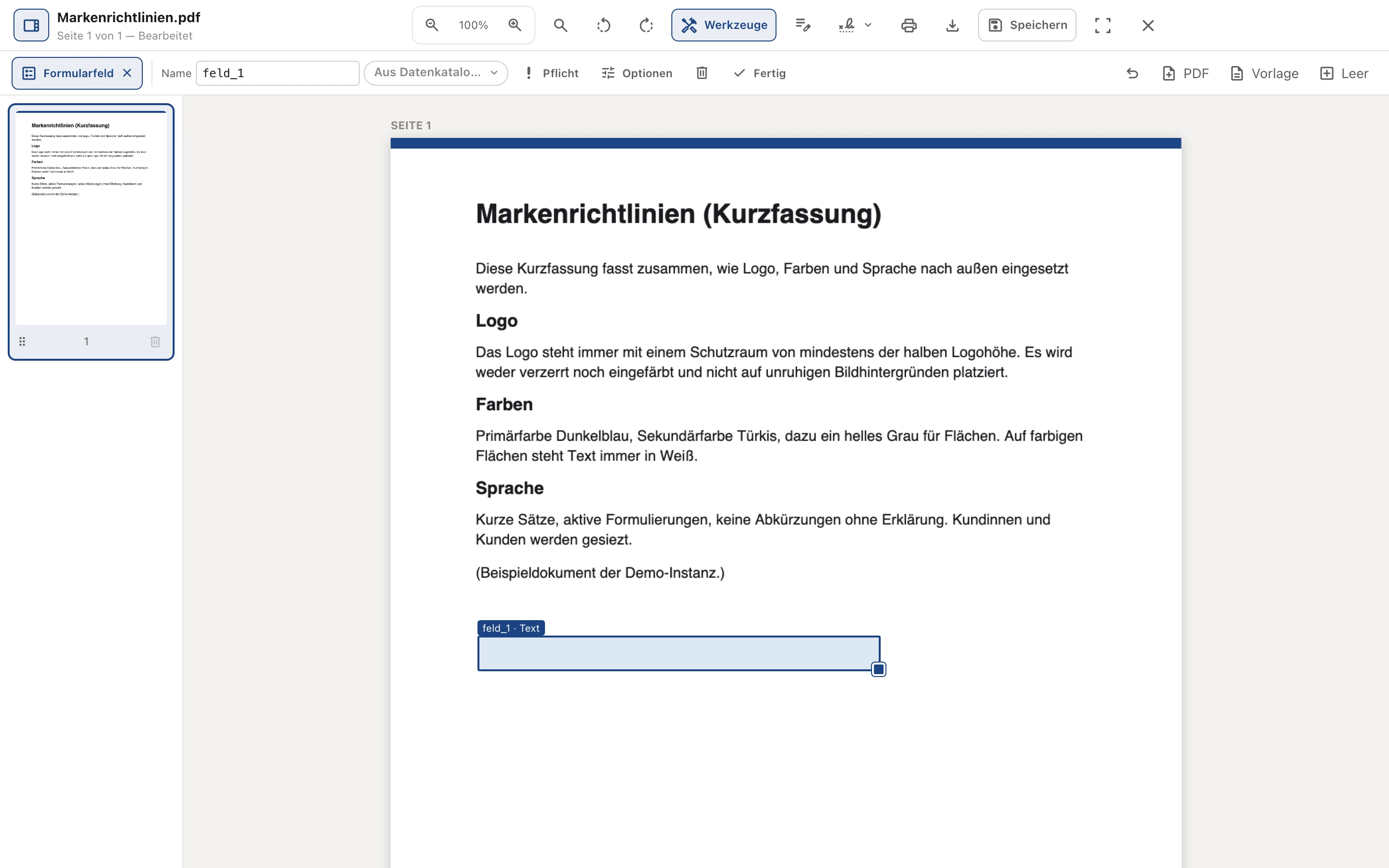PDF-PRO: the form field tool with a new text field on the page and the field bar above