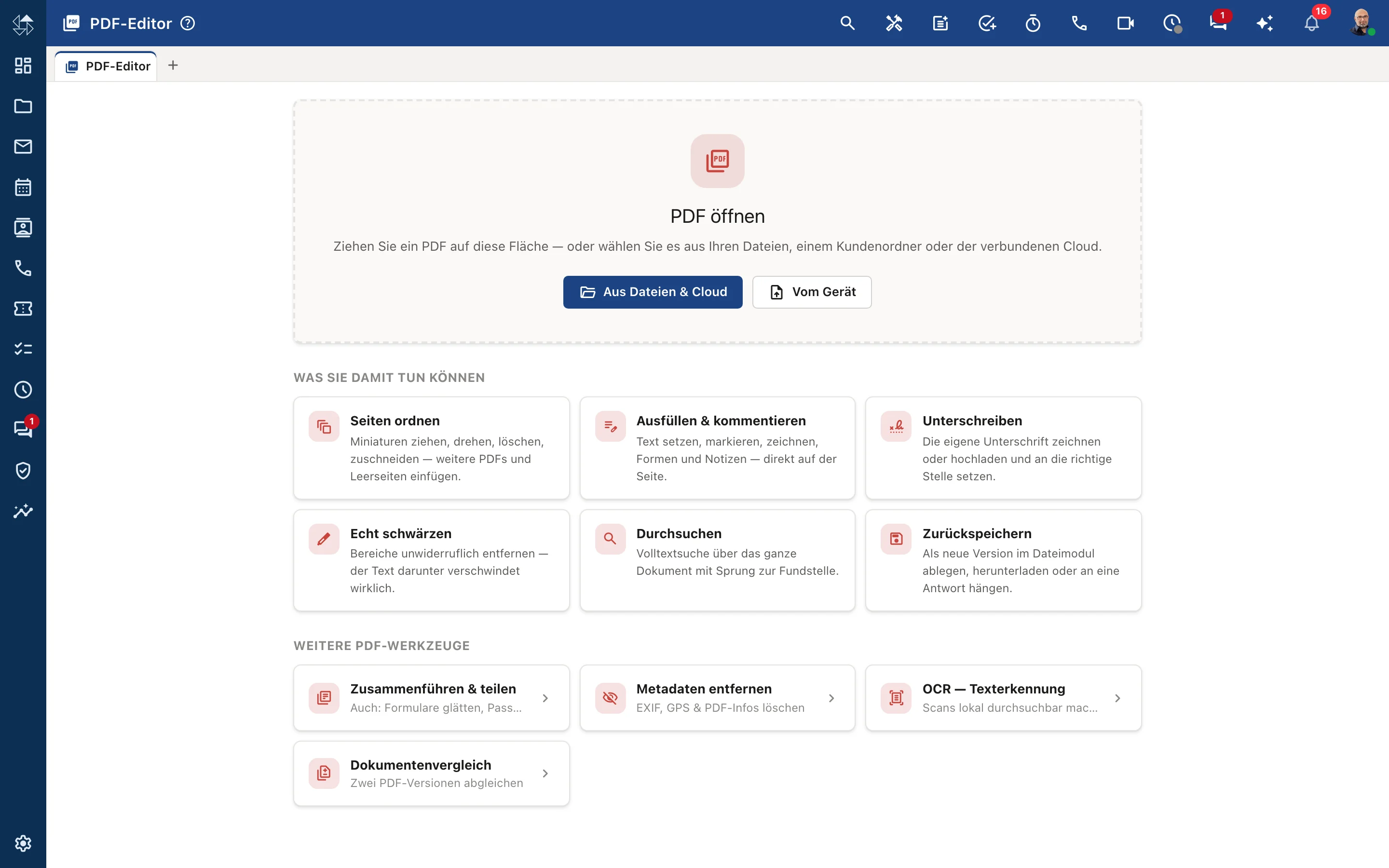 PDF-PRO: Einstieg mit den drei Wegen „Aus Dateien und Cloud“, Ziehen und Ablegen sowie „Vom Gerät“