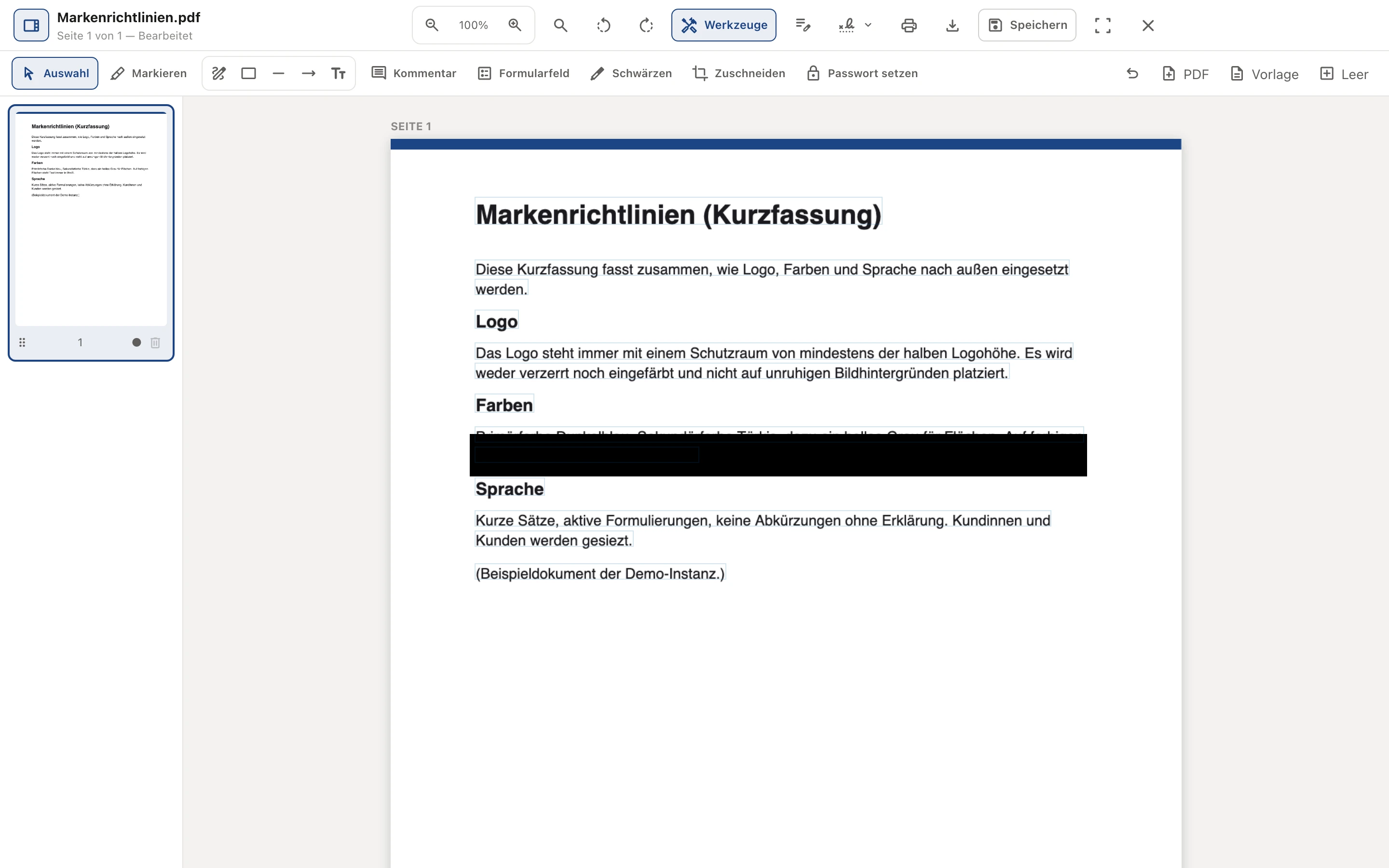 PDF-PRO: the redaction tool with an area drawn over a line of text