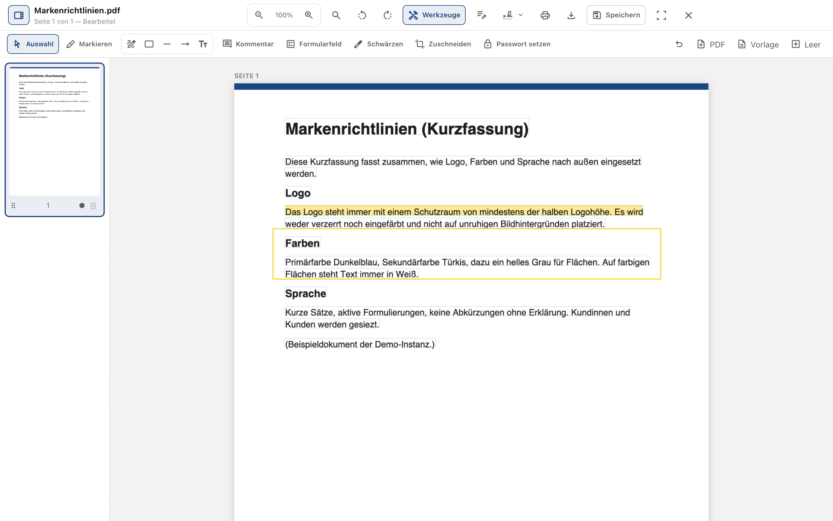 PDF-PRO with the toolbar open: a highlight and a frame on a page, page thumbnails on the left