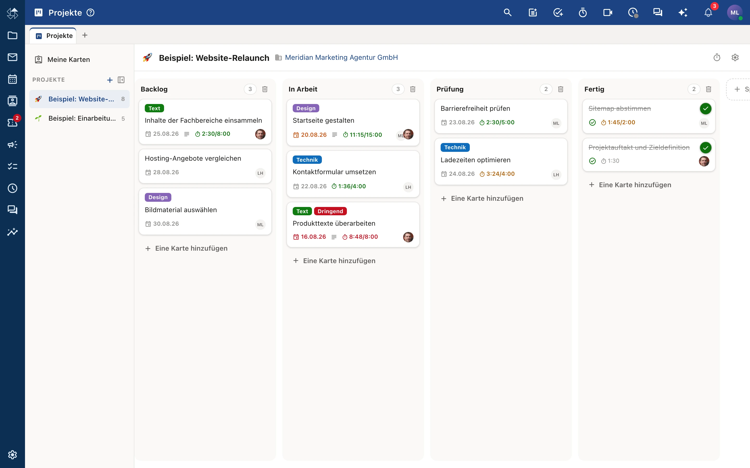 nordOFFICE Projekt-Board (Kanban) mit Karten und Zeiterfassung